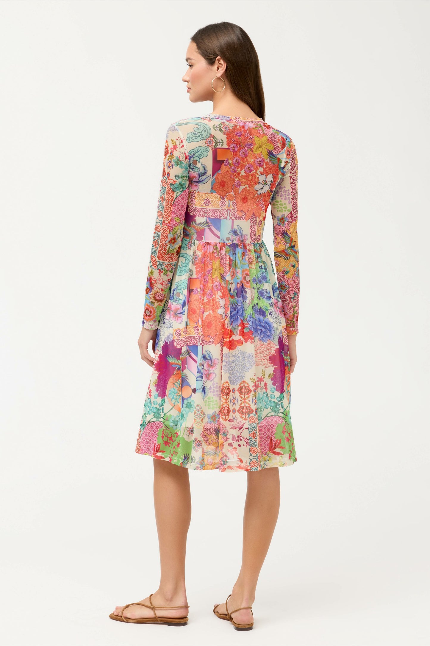 Johnny Was LONG SLEEVE V-NECK MESH SINGLE TIER DRESS