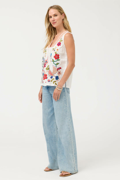 Johnny Was V-NECK SHIRRED LINEN TANK