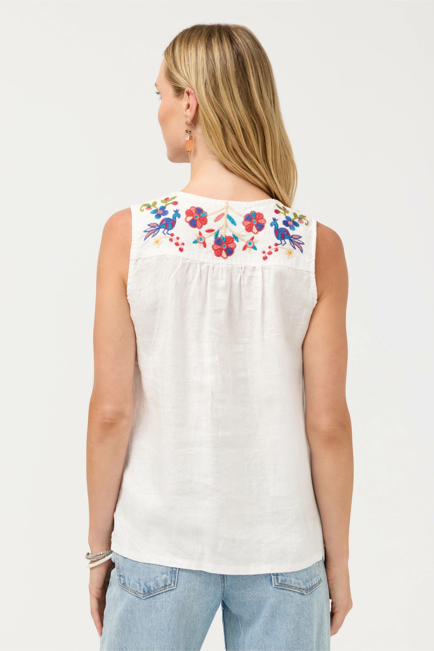Johnny Was V-NECK SHIRRED LINEN TANK