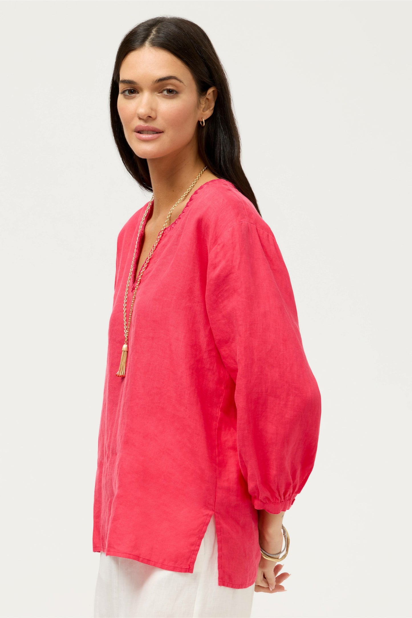 Johnny Was SPLIT NECK LINEN BLOUSE