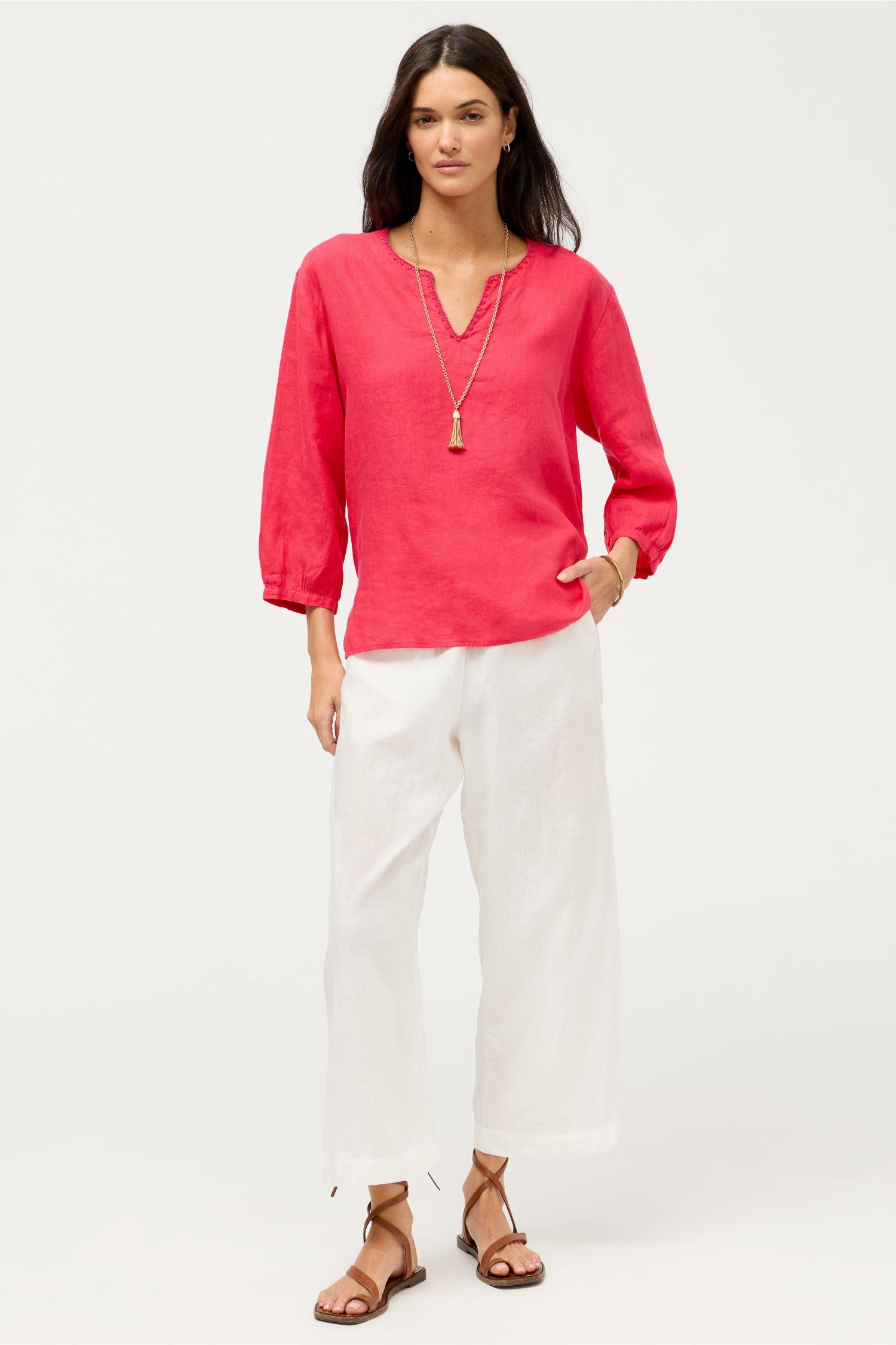 Johnny Was SPLIT NECK LINEN BLOUSE