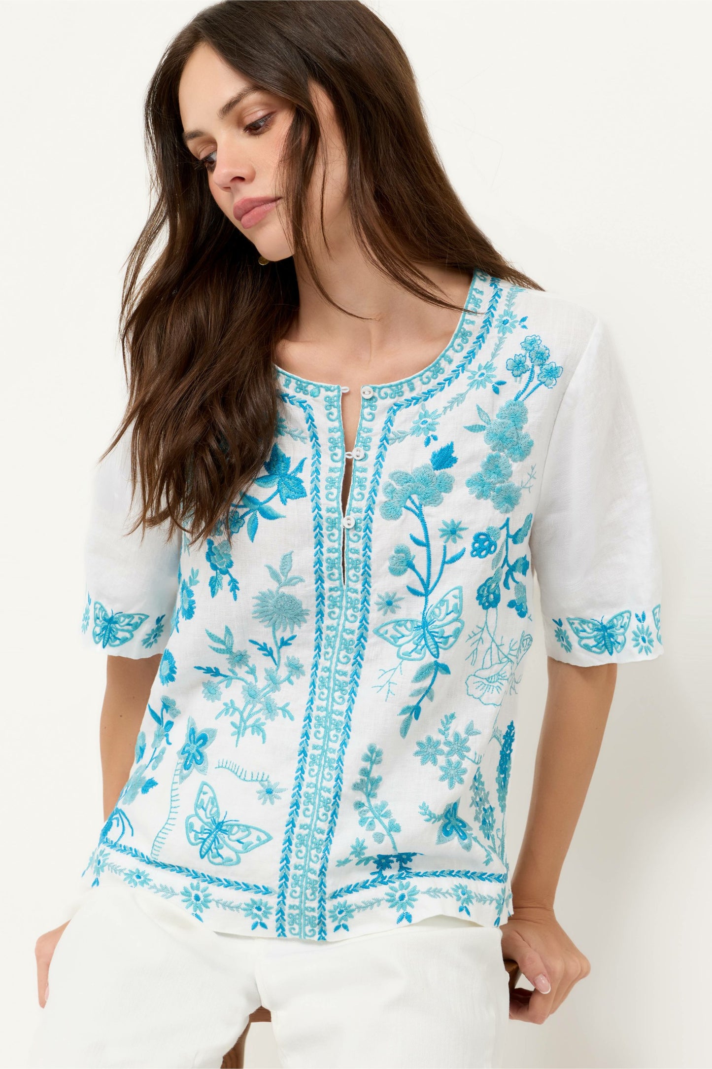 Johnny Was FIONA SPLIT NECK LINEN BLOUSE