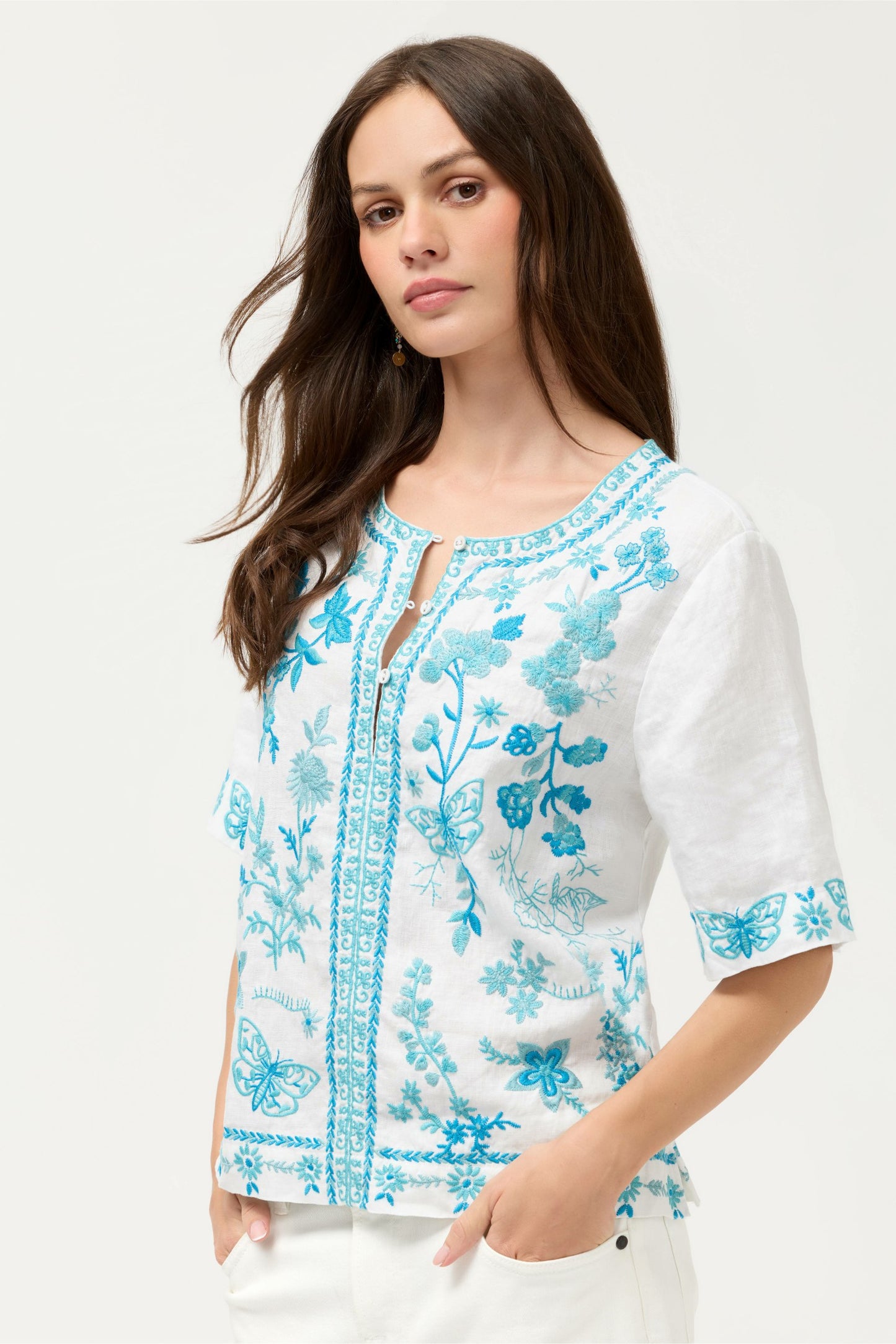 Johnny Was FIONA SPLIT NECK LINEN BLOUSE