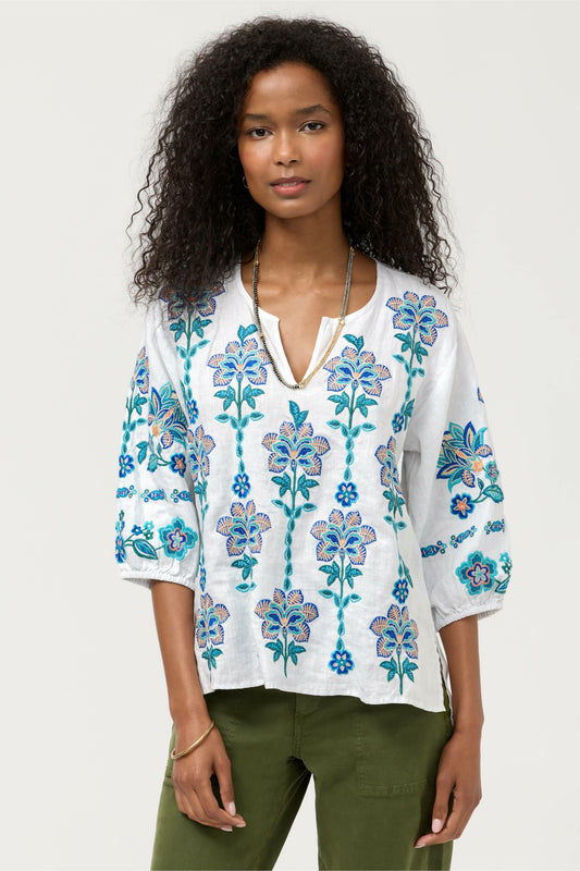 Johnny Was SPLIT NECK LINEN BLOUSE