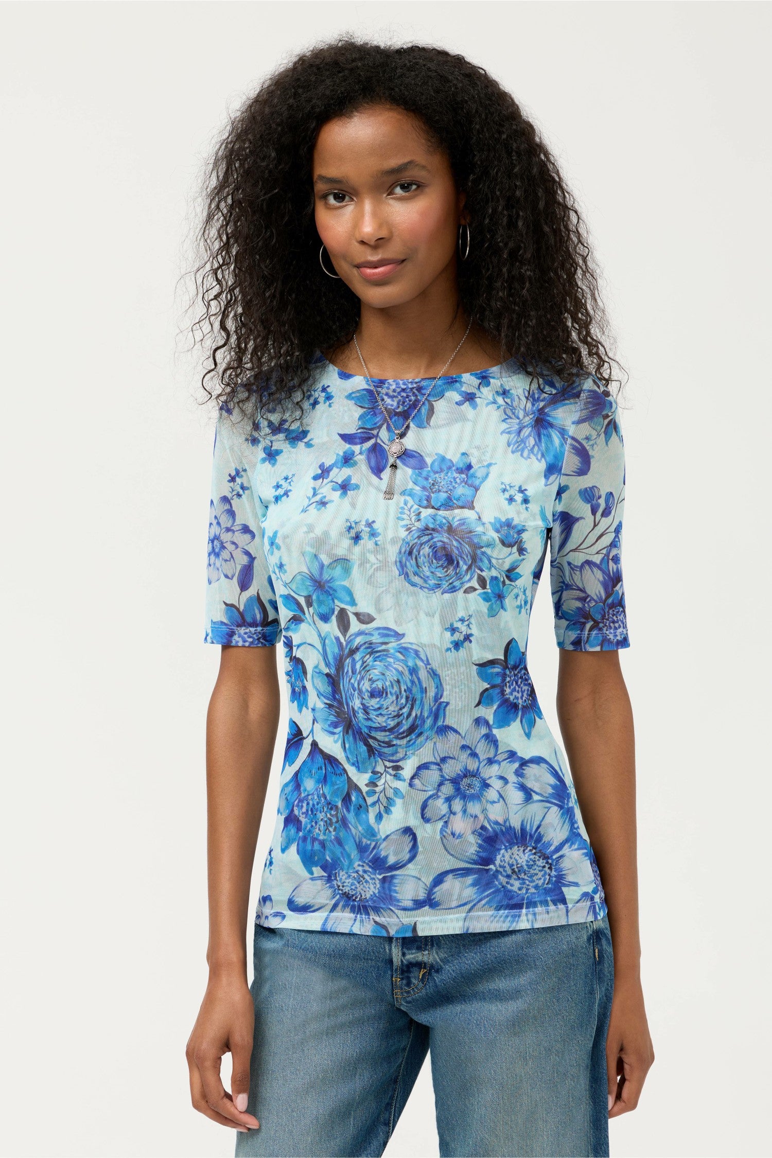 Johnny Was ELBOW SLEEVE BOAT NECK MESH TOP