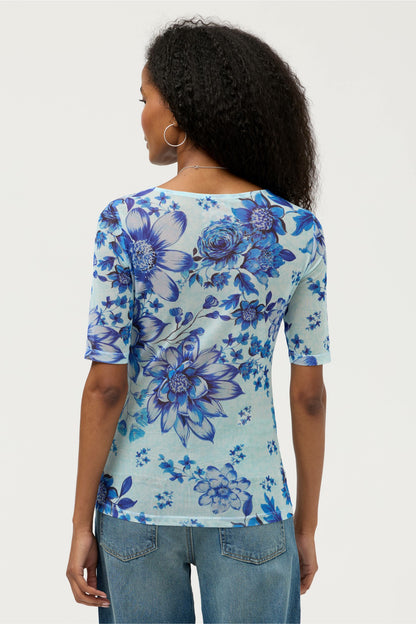 Johnny Was ELBOW SLEEVE BOAT NECK MESH TOP