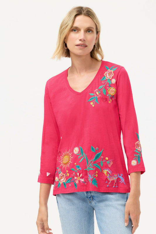 Johnny Was 3/4 SLEEVE TRAPUNTO V-NECK TEE