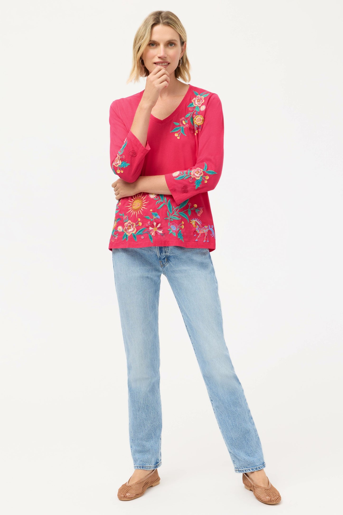Johnny Was 3/4 SLEEVE TRAPUNTO V-NECK TEE