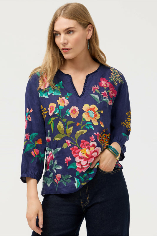 Johnny Was SPLIT NECK LINEN BLOUSE