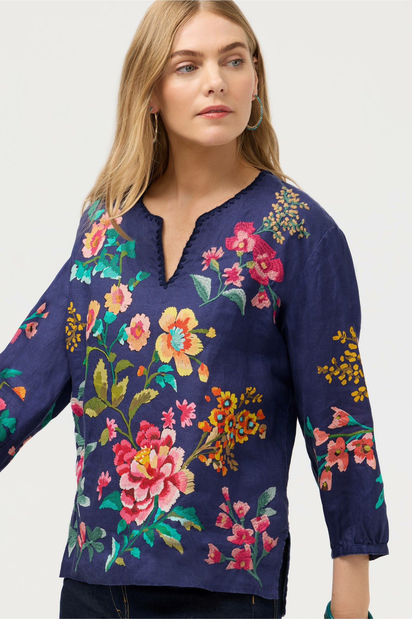 Johnny Was SPLIT NECK LINEN BLOUSE