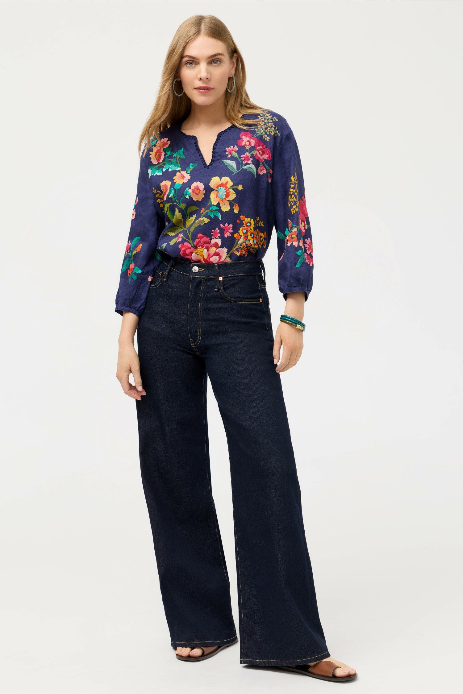 Johnny Was SPLIT NECK LINEN BLOUSE