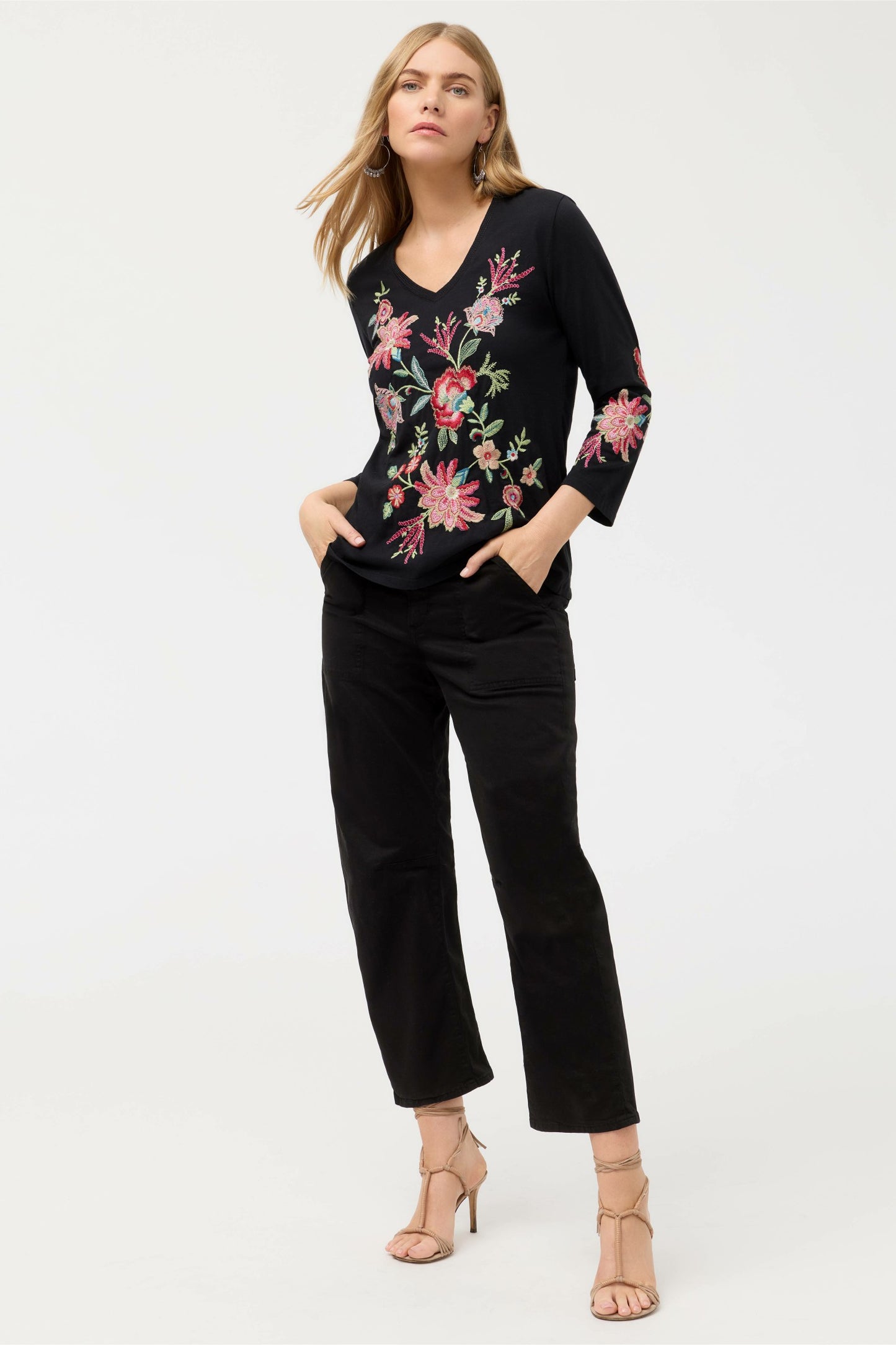 Johnny Was 3/4 SLEEVE TRAPUNTO V-NECK TEE