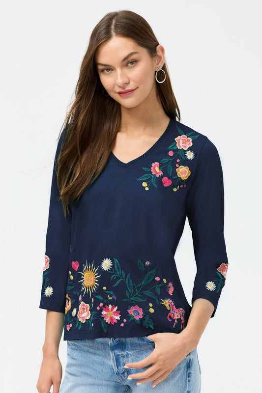 Johnny Was 3/4 SLEEVE TRAPUNTO V-NECK TEE