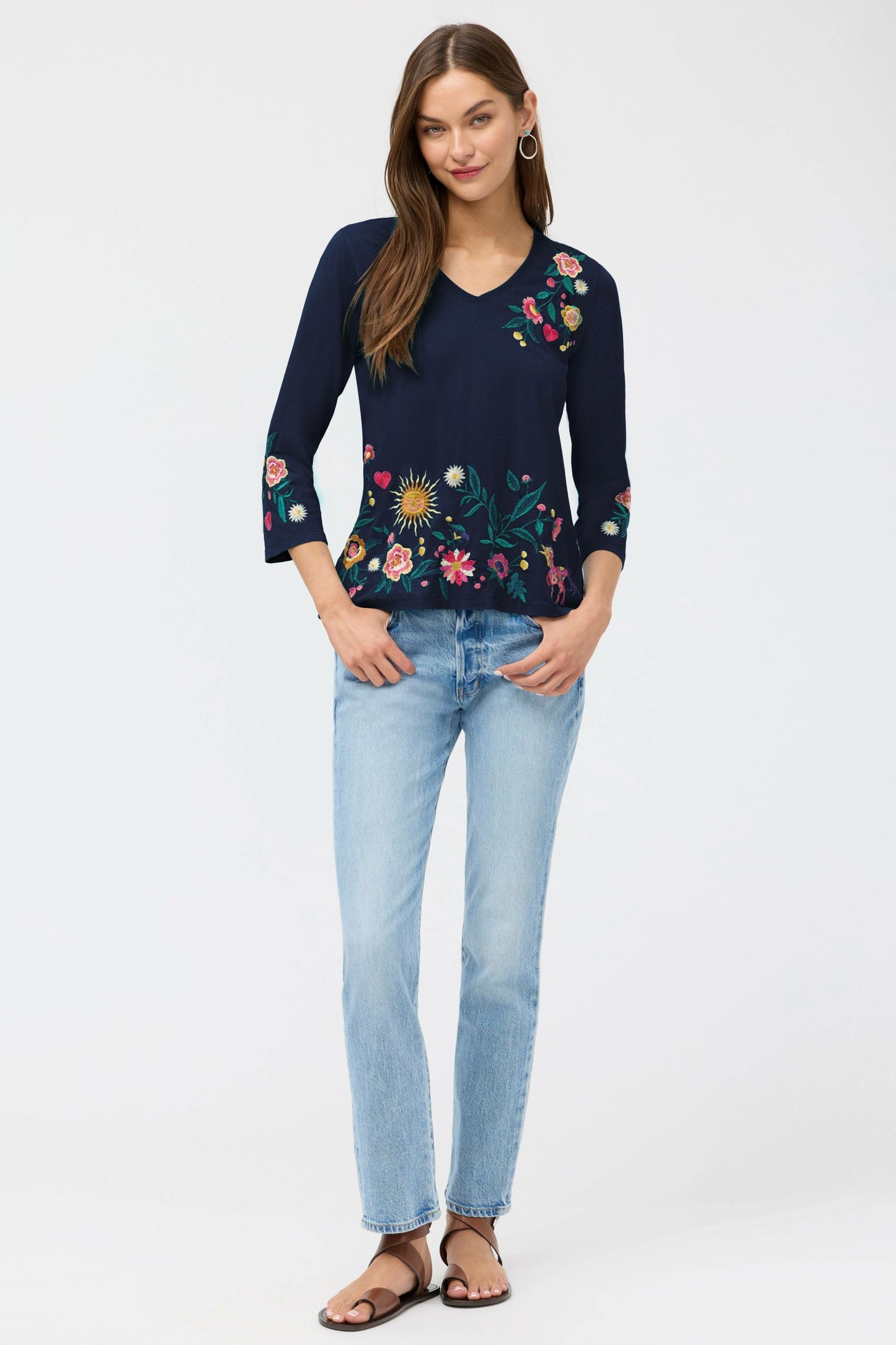 Johnny Was 3/4 SLEEVE TRAPUNTO V-NECK TEE