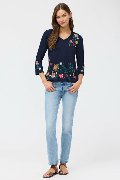Johnny Was 3/4 SLEEVE TRAPUNTO V-NECK TEE