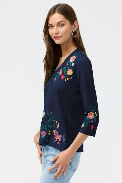 Johnny Was 3/4 SLEEVE TRAPUNTO V-NECK TEE
